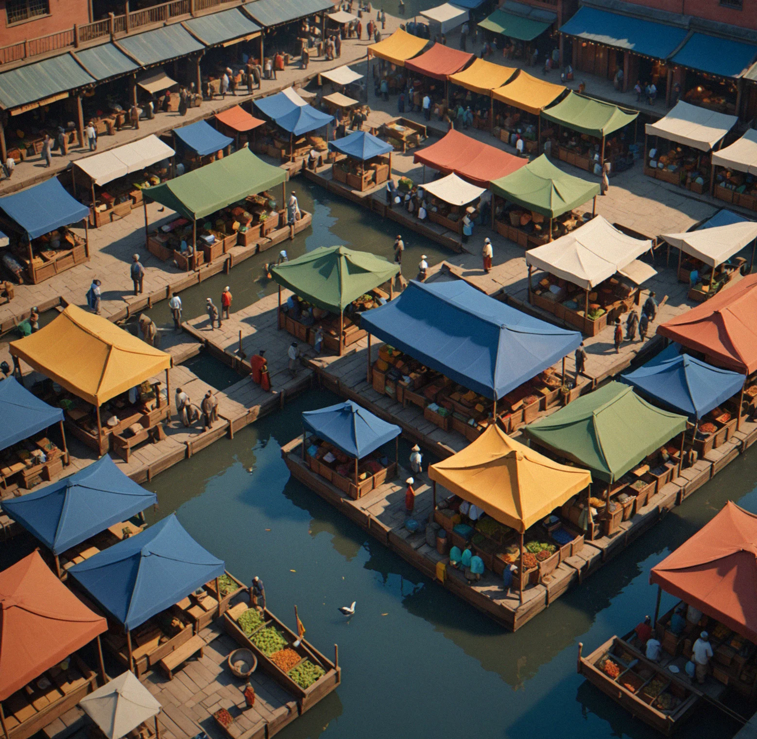 Busy marketplace scene with multiple stalls operating simultaneously, price boards updating, and NPCs moving between vendors