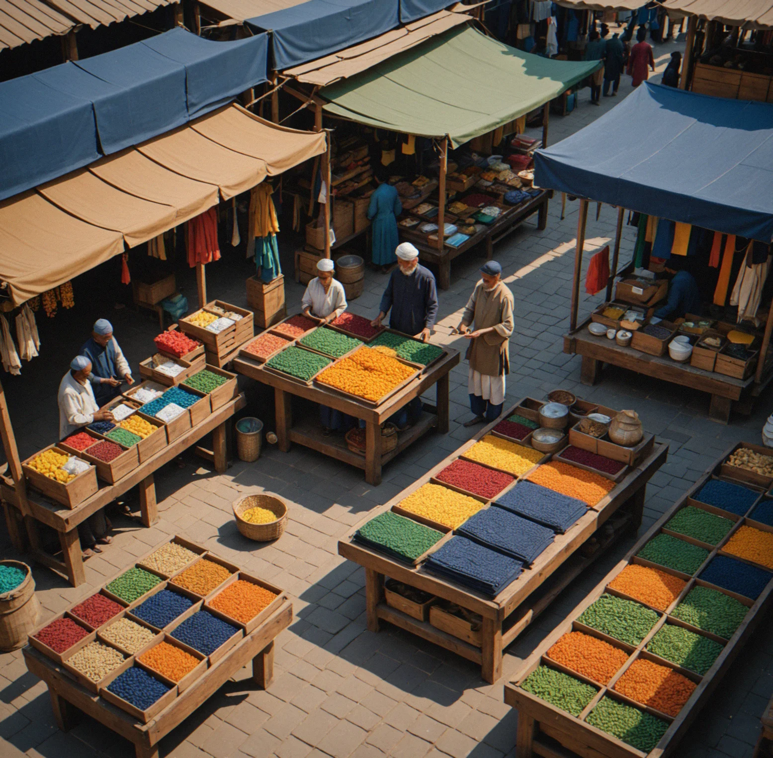 Interior view of a merchant stall with shelves being arranged, items being placed and a price board being updated