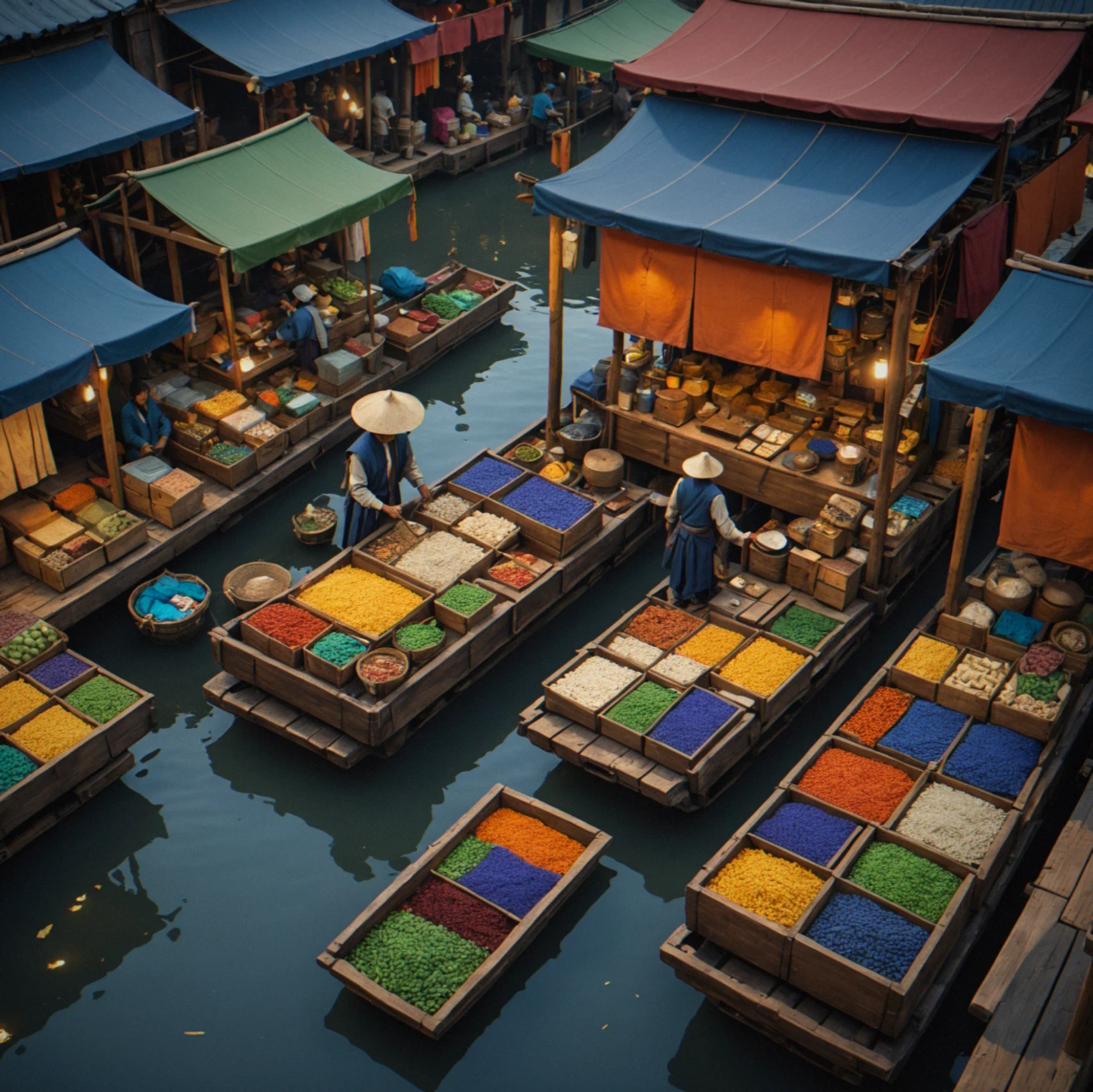 First-person view of a merchant examining goods on an NPC vendor stall, with price tags and inventory visible
