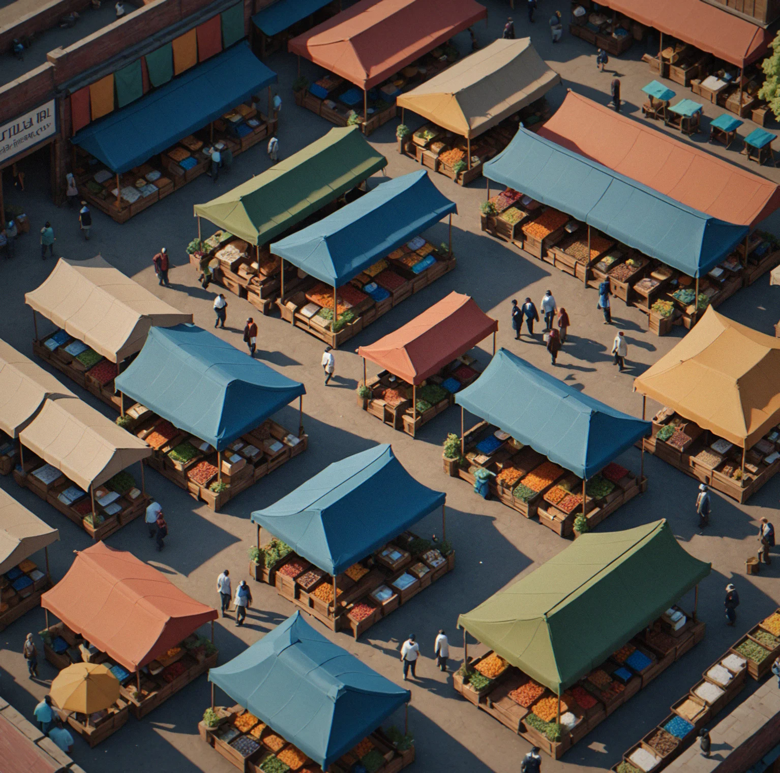 Overhead shot of the whole marketplace. Multiple stalls are open, NPCs moving between them, vendor signs updating prices in real time
