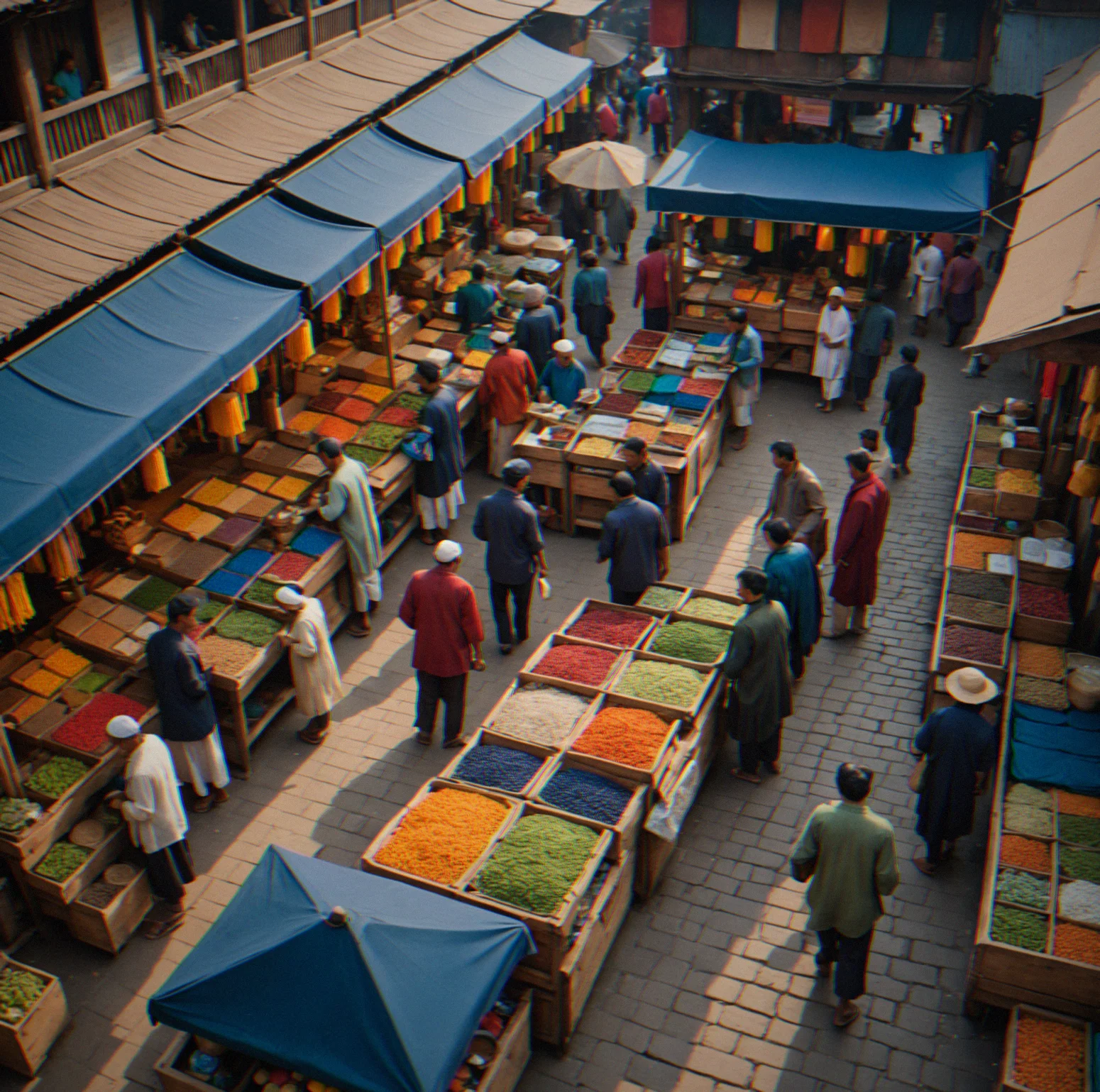 Inside view of a merchant stall with shelves organized by type, price boards on the walls, customers looking around at different items