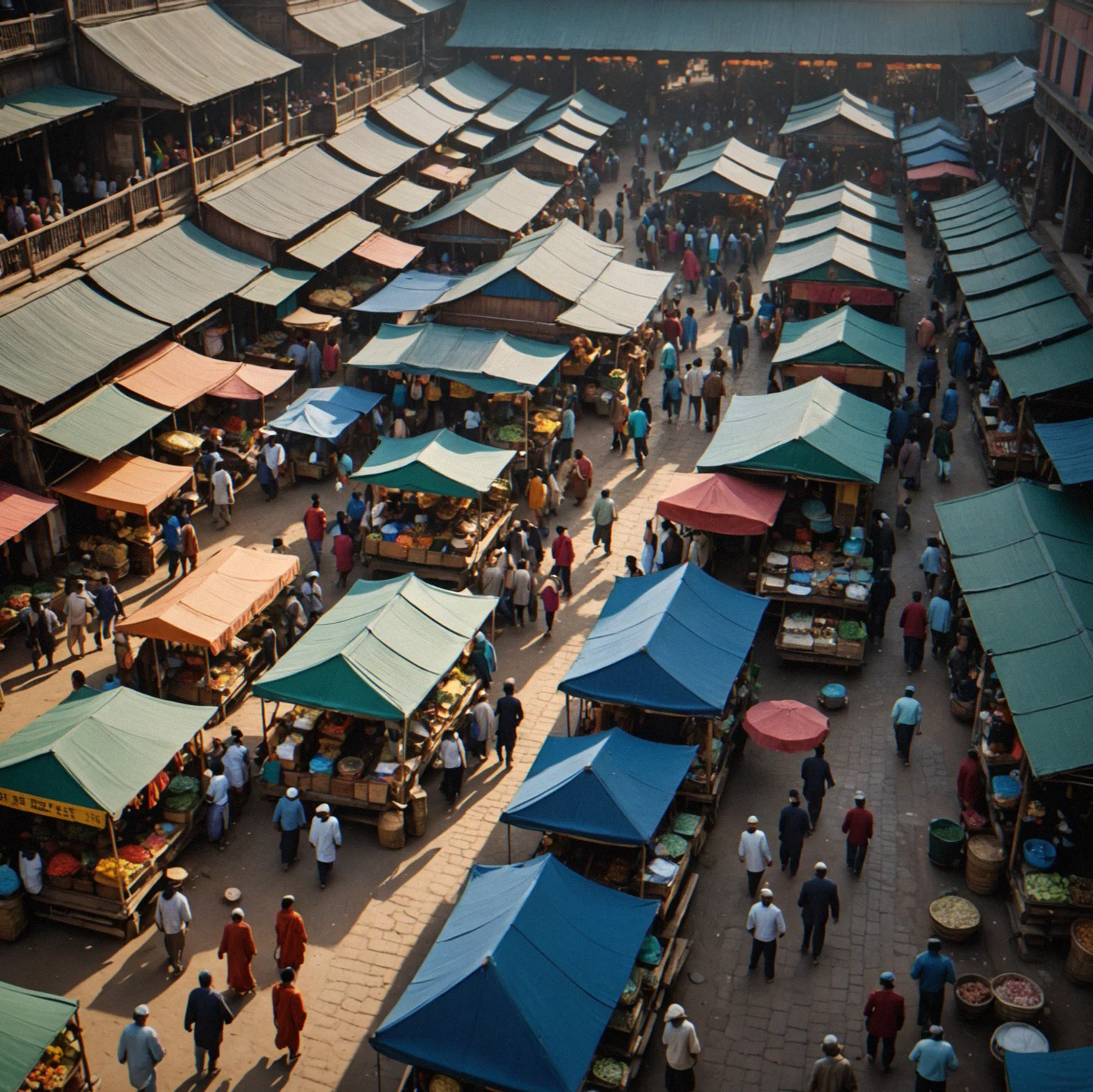Wide shot of a crowded marketplace with merchant stalls scattered around, price signs, and customers walking between shops